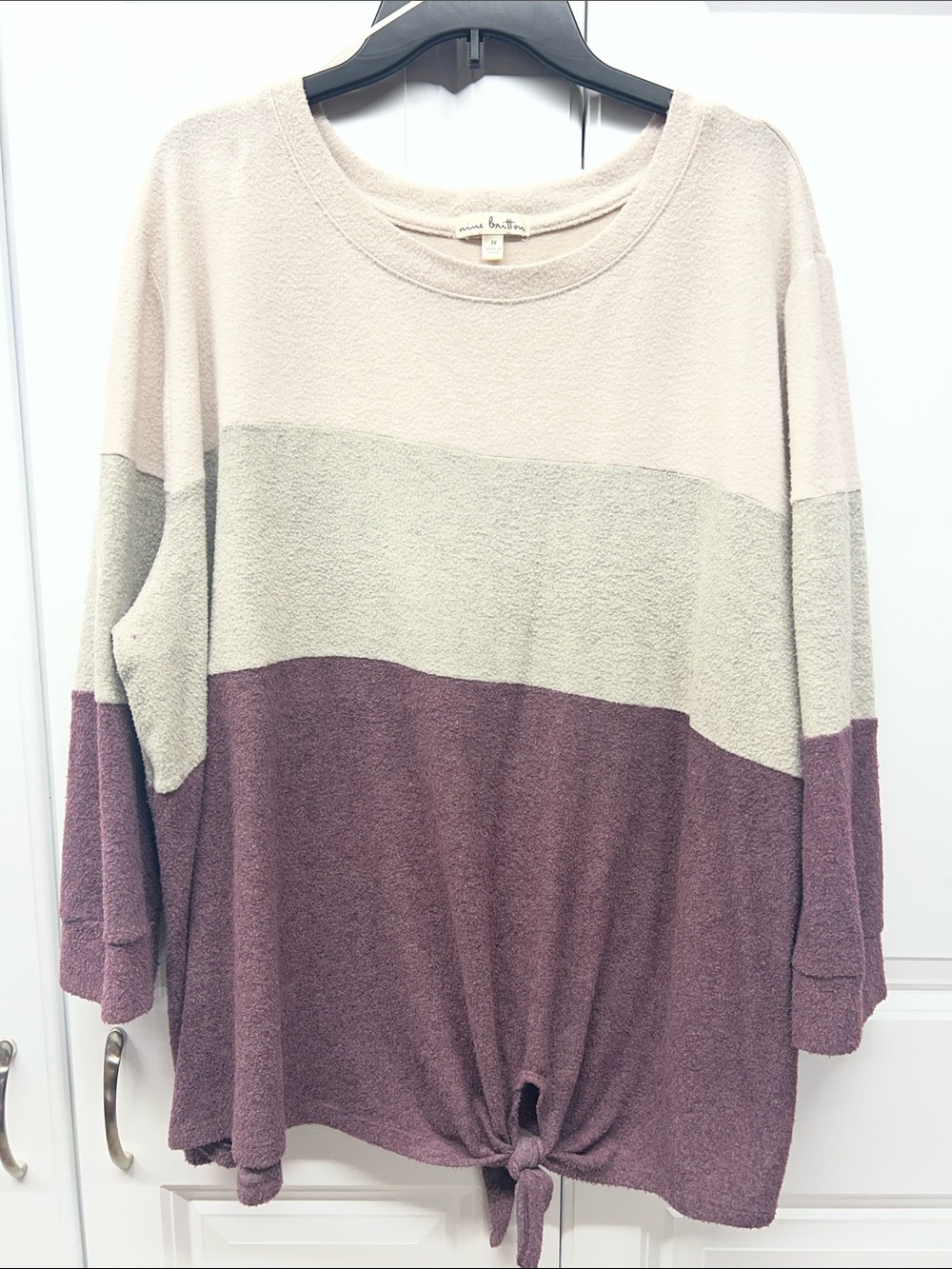 Nine Britton Colorblock Fuzzy Knit Front Tie Long Sleeve Top Plus Size 3X